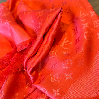 LOUIS VUITTON Silk & Wool Monogram Shawl Bright Red Orange