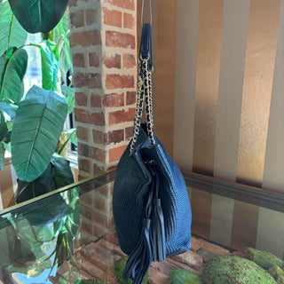 TORY BURCH Navy Blue Raffia Tote