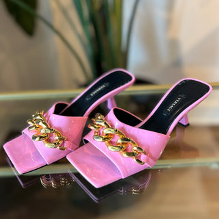 VERSACE Medusa Chain Sandals Pink Patent Leather SZ 37