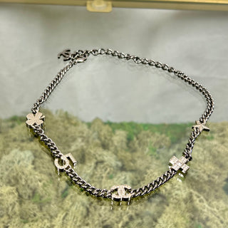 CHANEL Gun Metal Silver Ruthenium Crystal Chain CC Lucky Charms Choker