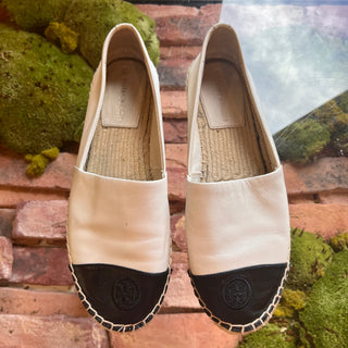 TORY BURCH White Leather Black Cap Toe Espadrilles SZ 8M