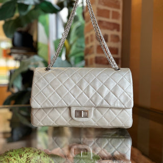 CHANEL Reissue 2.77 Metallic Silver Aged Calfskin Leather Shoulder Bag