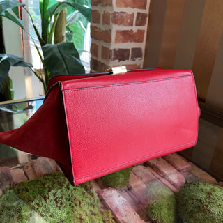 CELINE Small Trapeze Red Pebbled Calfskin Suede Leather Tote Bag