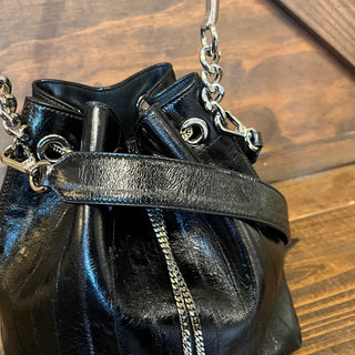 JIMMY CHOO Bon Bon Black Striped Leather Bucket Bag