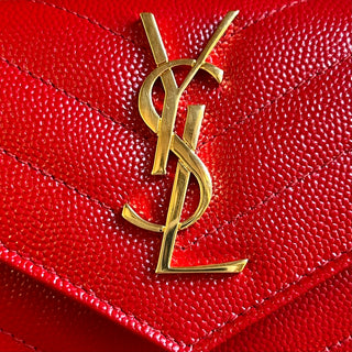 SAINT LAURENT Red Leather Chevron Compact Wallet
