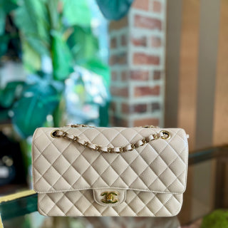 CHANEL Beige Caviar Leather Medium Double Flap