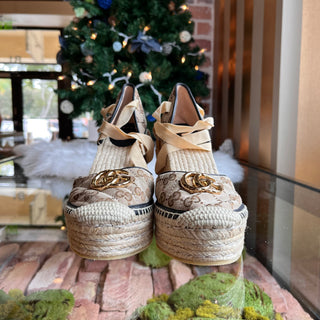 GUCCI Pilar GG Ankle Tie Espadrille Platform Wedges SZ40(10US)