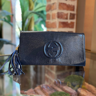 GUCCI Soho Dark Blue Patent Leather Clutch Bag