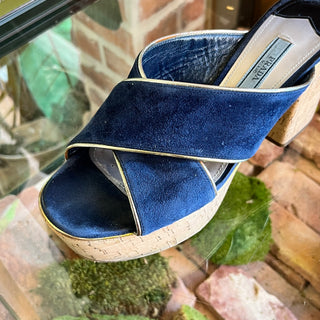 PRADA Blue Suede 85MM Cork Heel Mules Sandals SZ36(6US)