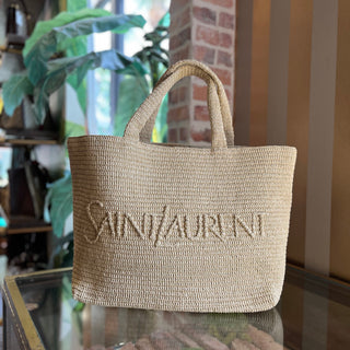 SAINT LAURENT Natural Raffia Logo Tote Bag