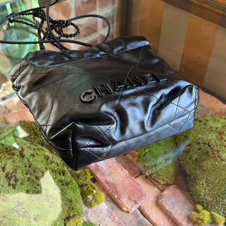 CHANEL 22 Mini Black Shiny Calfskin Tote Bag