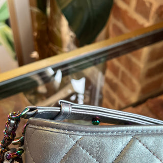 CHANEL Small Gabrielle Blue Iridescent Quilted Calfskin Leather Hobo Bag