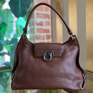 FERRAGAMO Fanisa Brown Pebbled Calfskin Hobo Bag