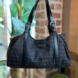 FENDI Black Zucchino Canvas Shoulder Bag