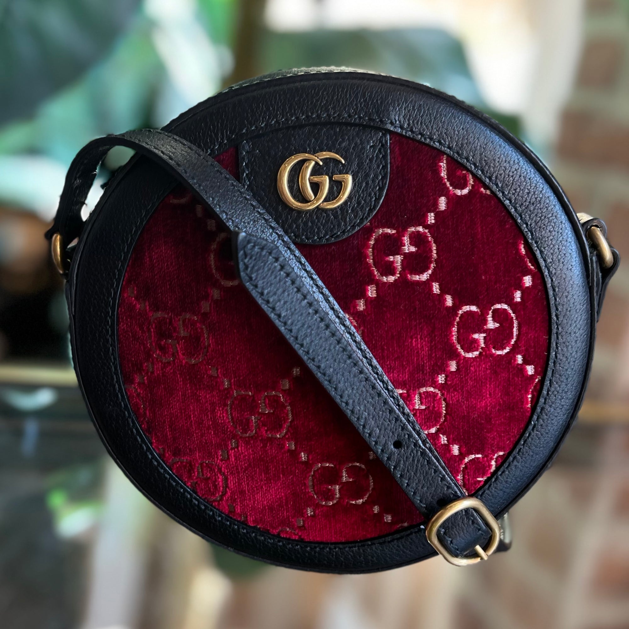 GUCCI  Red Cipria Black Velvet GG Monogram Textured Calfskin Round Shoulder Bag
