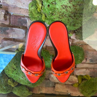 SALVATORE FERRAGAMO Orange Leather Wooden Heel Sandals SZ6.5US