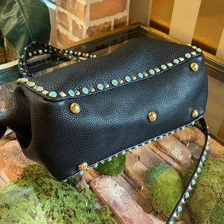 VALENTINO Small Trapeze Black Pebbled Leather Turquoise Rockstud Tote Bag