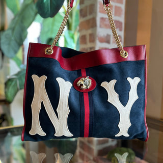 GUCCI Rajah Large Yankee Navy Blue Suede Sports Tote Bag