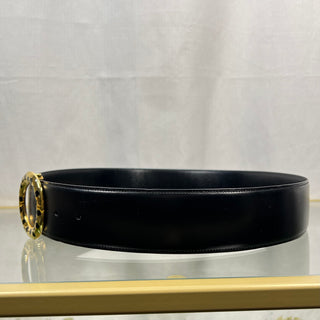 CARTIER Black Leather Gold-Tone Panthere Round Buckle Belt TS3798