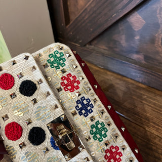 VALENTINO Embroidered Sequin Linen Canvas Rockstud Crossbody