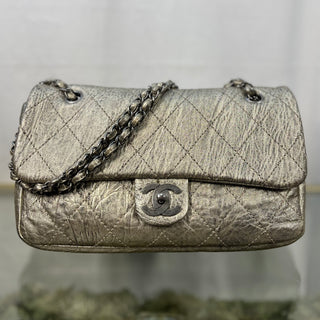 CHANEL Le Marias Ligne Distressed Metallic Silver Flap Bag ADI1123