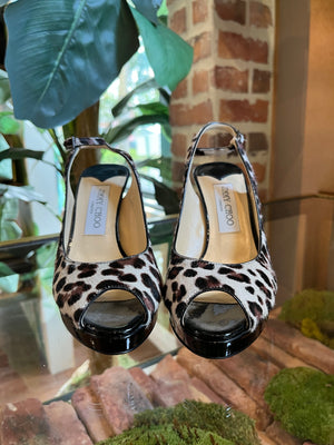JIMMY CHOO Leopard Print Calf Hair Nova Slingback Peep Toe Heels SZ37.5