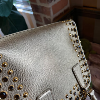 PRADA Pyramid Studded Gold Saffiano Lux Leather Satchel