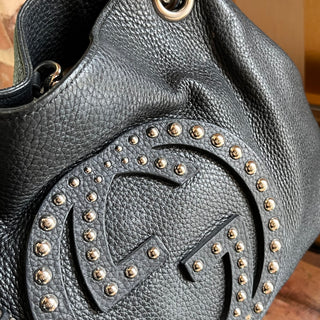 GUCCI Soho Studded Black Pebbled Calfskin Leather Chain Tote Bag