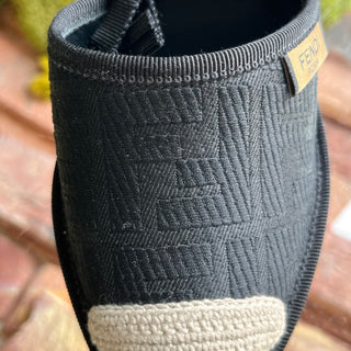 FENDI FF Black Embroidered Canvas Ankle Tie Espadrille Wedges SZ 35 (US 5)