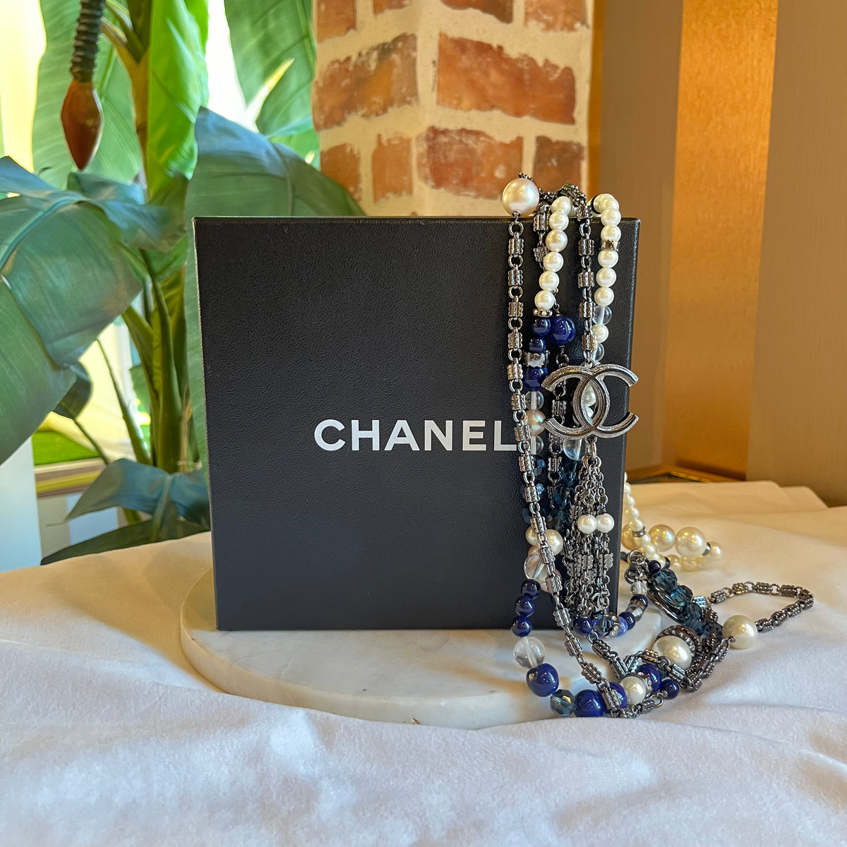 CHANEL Gun Metal Blue Pearl Beaded Long Tassel CC Necklace