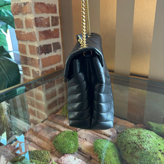 SAINT LAURENT Black Leather Chevron LouLou Shoulder Bag Gold HW Medium