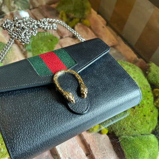 GUCCI Dionysus Mini WOC Black Pebbled Leather Vintage Web Crossbody Bag