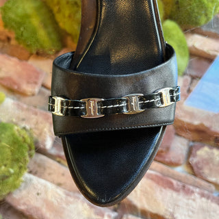 FERRAGAMO Black Leather Wooden Heels SZ 6.5