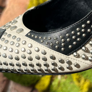 SAINT LAURENT Paris 105 Studded Black/White Leather Heels SZ 37.5 (US 7.5)