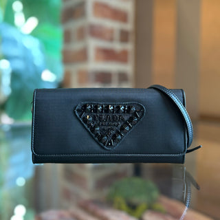 PRADA Black Tessuto Nylon Beaded Wallet on Chain