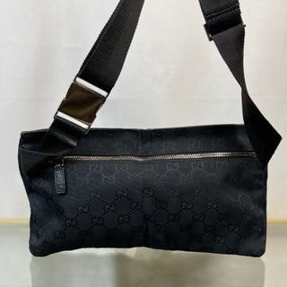 GUCCI Double Pocket Black GG Monogram Canvas Belt Bag