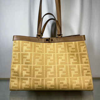 FENDI Peekaboo X-Tote Medium Beige Taupe Raffia Vitello FF Woven Tote Bag