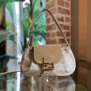 FENDI Medium Drawstring Flap Zucca Canvas Leather Hobo Bag