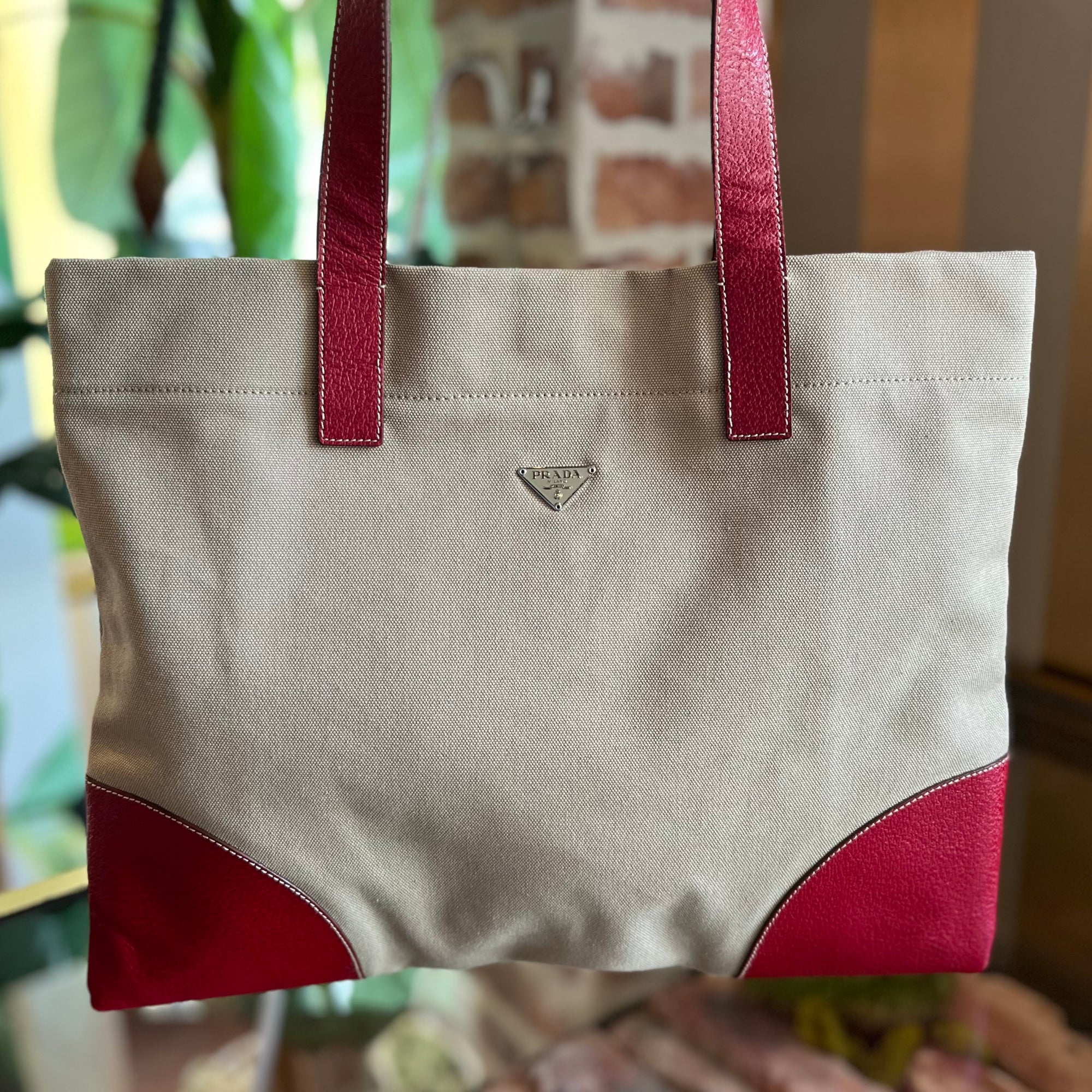 PRADA Natural/Red Canvas & Leather Tote Bag TS3098
