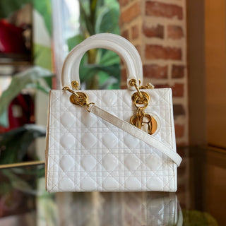DIOR White Medium Lady Dior Vintage Patent Leather