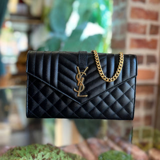 SAINT LAURENT Envelope Wallet On Chain Black Triquilt Grain De Poudre Leather Crossbody