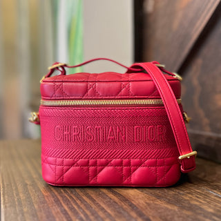 CHRISTIAN DIOR DiorTravel Small Vanity Case Poppy Red Cannage Quilted Lambskin Leather Top Handle Bag