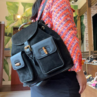 GUCCI Vintage Bamboo Black Suede Backpack