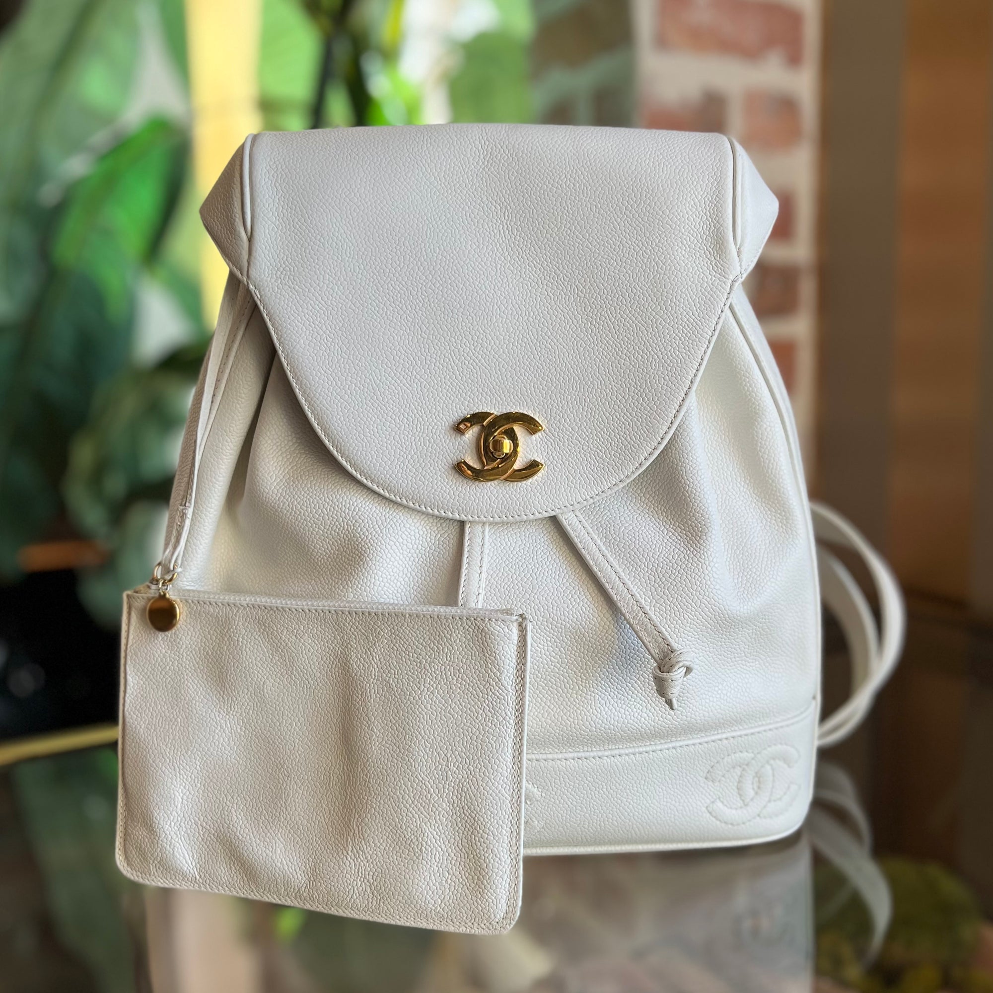 CHANEL White Caviar Leather Triple CC Backpack