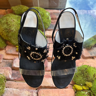 CHANEL Black Satin Leather Sling Back Heels SZ 38.5 (US 8.5)
