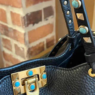 VALENTINO Small Trapeze Black Pebbled Leather Turquoise Rockstud Tote Bag