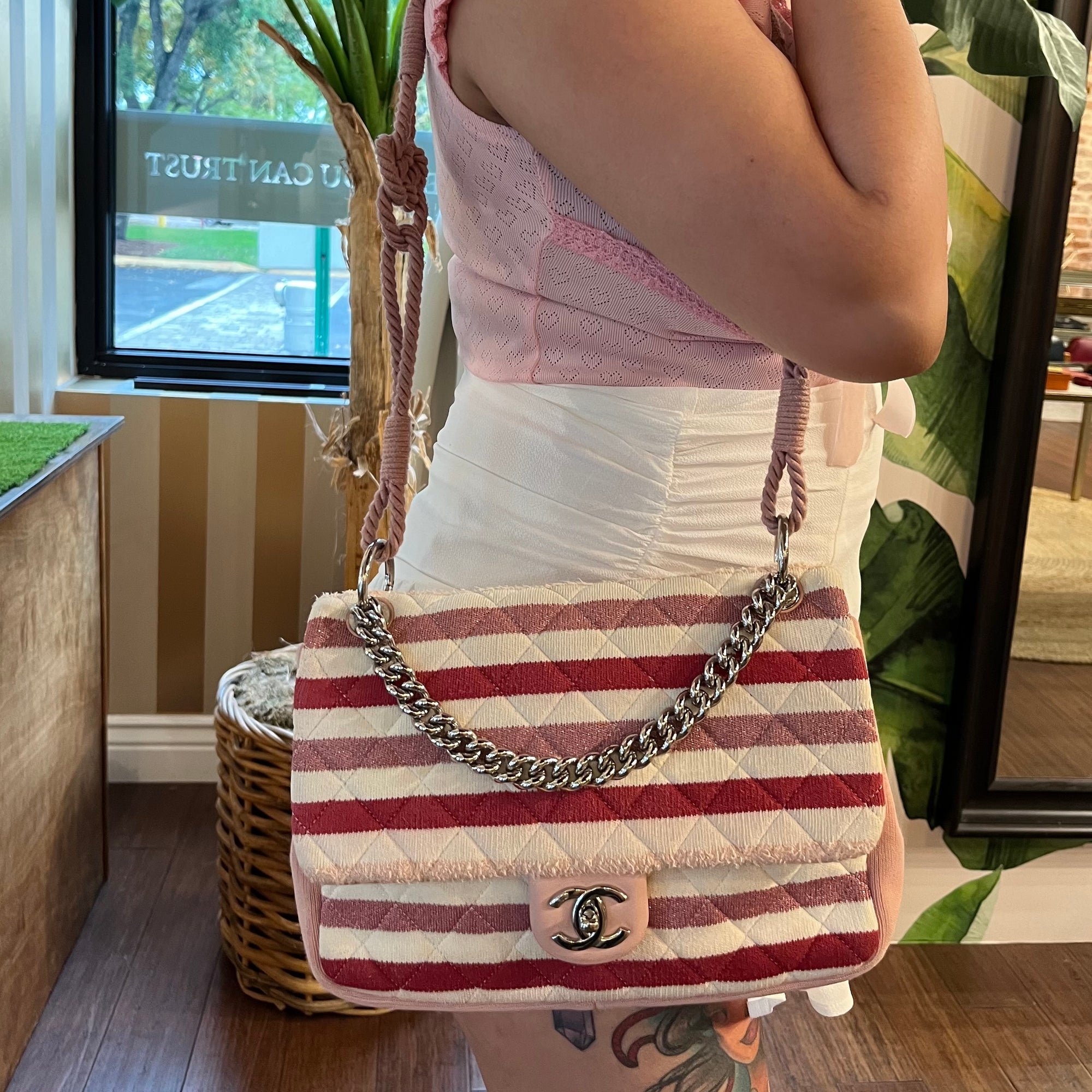 CHANEL Red White Pink Jersey Quilted Jumbo Flap