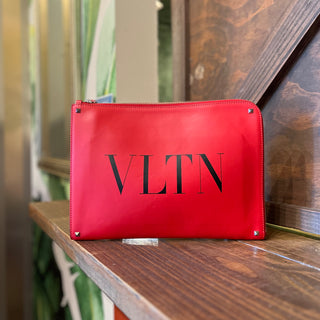 VALENTINO Smooth Calfskin VLTN Printed Pouch Clutch