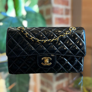 CHANEL Black Patent Leather Medium Double Flap