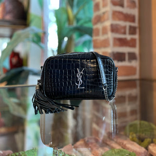 SAINT LAURENT Lou Mini Black Calfskin Crocodile Embossed Crossbody